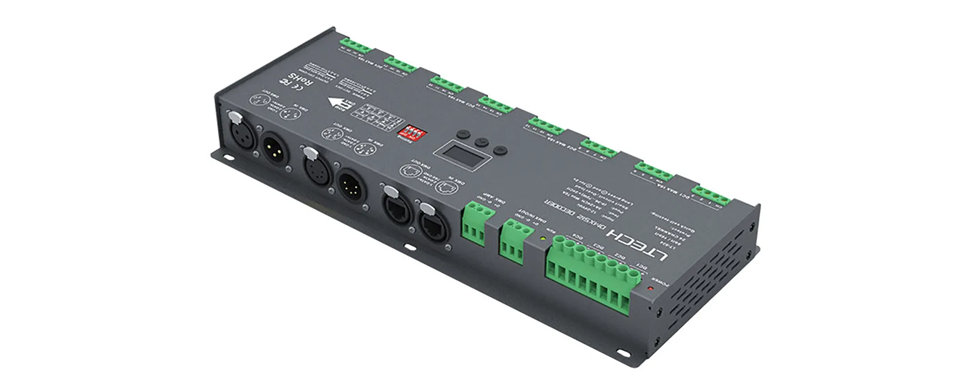 924-OLED  16Ch 3A CV DMX Decoder, 1152W Max.Power, XLR-3&5, Green Terminal & RJ45 Port, Self testing, DMX512/RDM I/P signal, IP20.